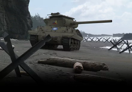 HD desktop wallpaper featuring an M4 Sherman tank on a beach, inspired by the World of Tanks video game.