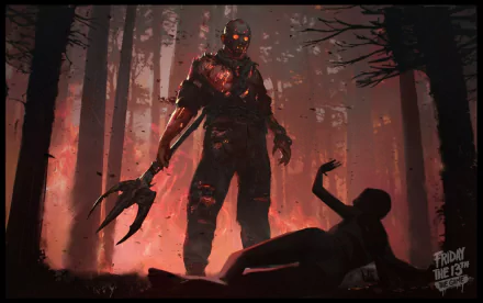 HD desktop wallpaper of a menacing figure from Friday the 13th: The Game, looming in a dark, forested setting.