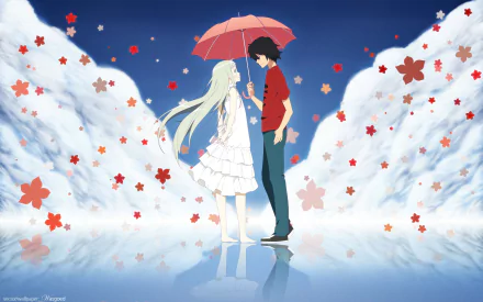 HD desktop wallpaper featuring anime characters Jinta Yadomi and Meiko Honma from Anohana, standing together under a red umbrella amidst floating flowers against a serene, reflective background.