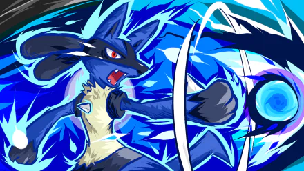 HD wallpaper featuring Lucario from Pokémon anime in an action pose, surrounded by blue energy.