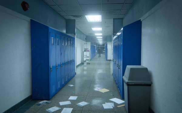 HD desktop wallpaper featuring a deserted school hallway with blue lockers, scattered papers, and dim lighting, from the video game Outlast 2.