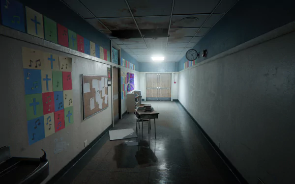 HD desktop wallpaper and background of a dark, eerie school hallway from the video game Outlast 2, featuring dim lighting, religious-themed posters, and a cluttered desk in the center.