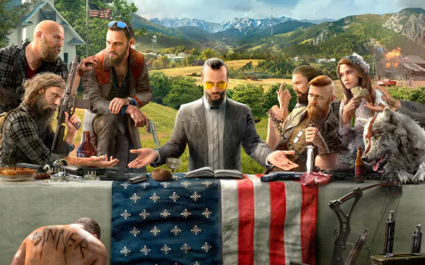 HD desktop wallpaper featuring characters from the video game Far Cry 5, set in a scenic rural backdrop with mountains.