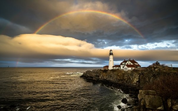 Man Made Lighthouse Coast Ocean Horizon Cloud Sky Rainbow Building HD Wallpaper | Background Image