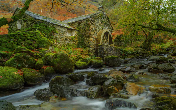 A serene HD desktop wallpaper featuring a moss-covered watermill set in a lush, green forest. A clear stream flows over stones in the foreground, adding to the tranquil scene.