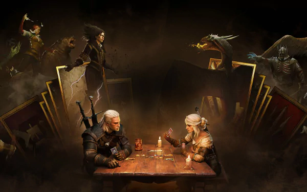 HD desktop wallpaper featuring Ciri and Geralt of Rivia from Gwent: The Witcher Card Game, engaged in a card game with mystical creatures and characters in the background.