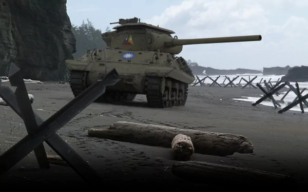 HD desktop wallpaper featuring an M4 Sherman tank on a beach, inspired by the World of Tanks video game.