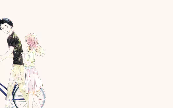 HD desktop wallpaper featuring Shouya Ishida and Shouko Nishimiya from the anime A Silent Voice, depicted with soft pastel colors in a minimalist style. Cropped image shows Shouya pushing a bicycle.