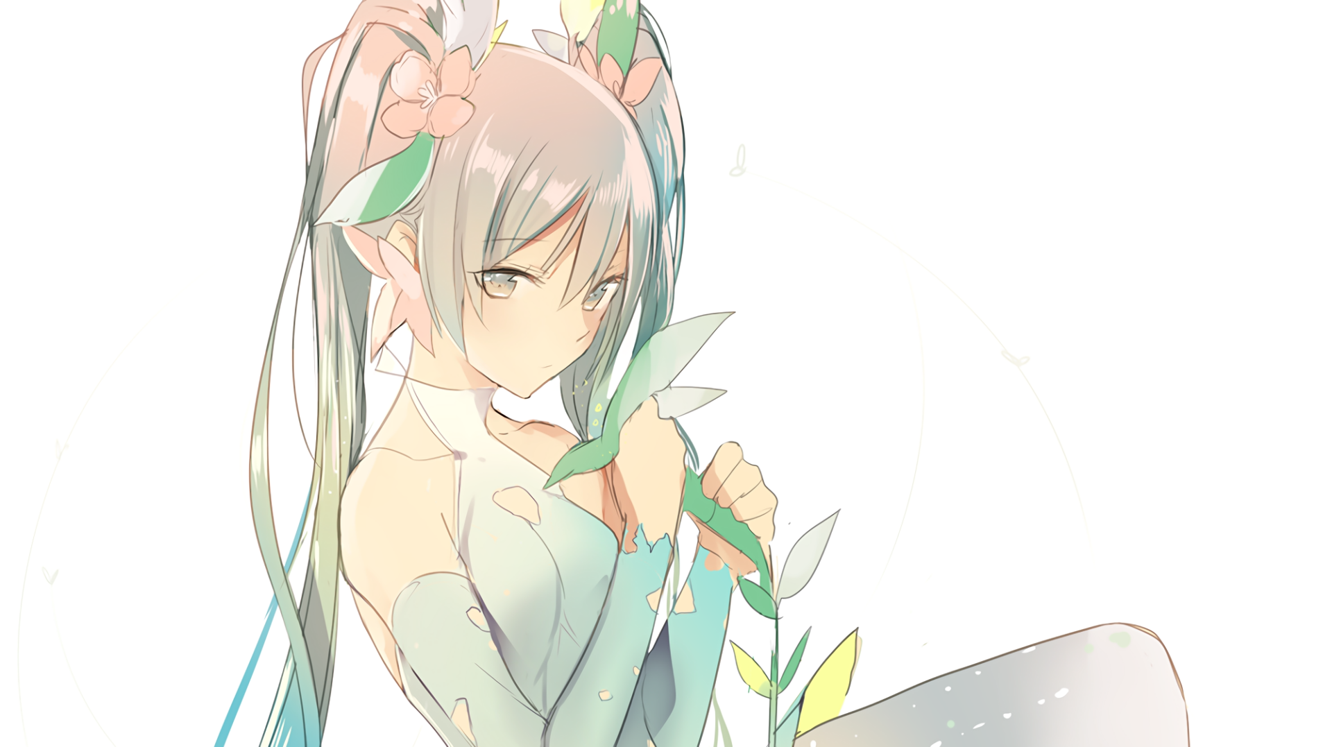 HD desktop wallpaper featuring an anime girl with long hair, adorned with flowers and leaves, on a light background.