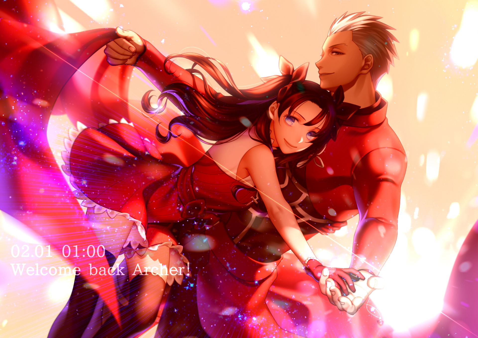 HD desktop wallpaper featuring Archer and Rin Tohsaka from Fate/Stay Night in a dynamic, vibrant anime-style pose with glowing light effects.