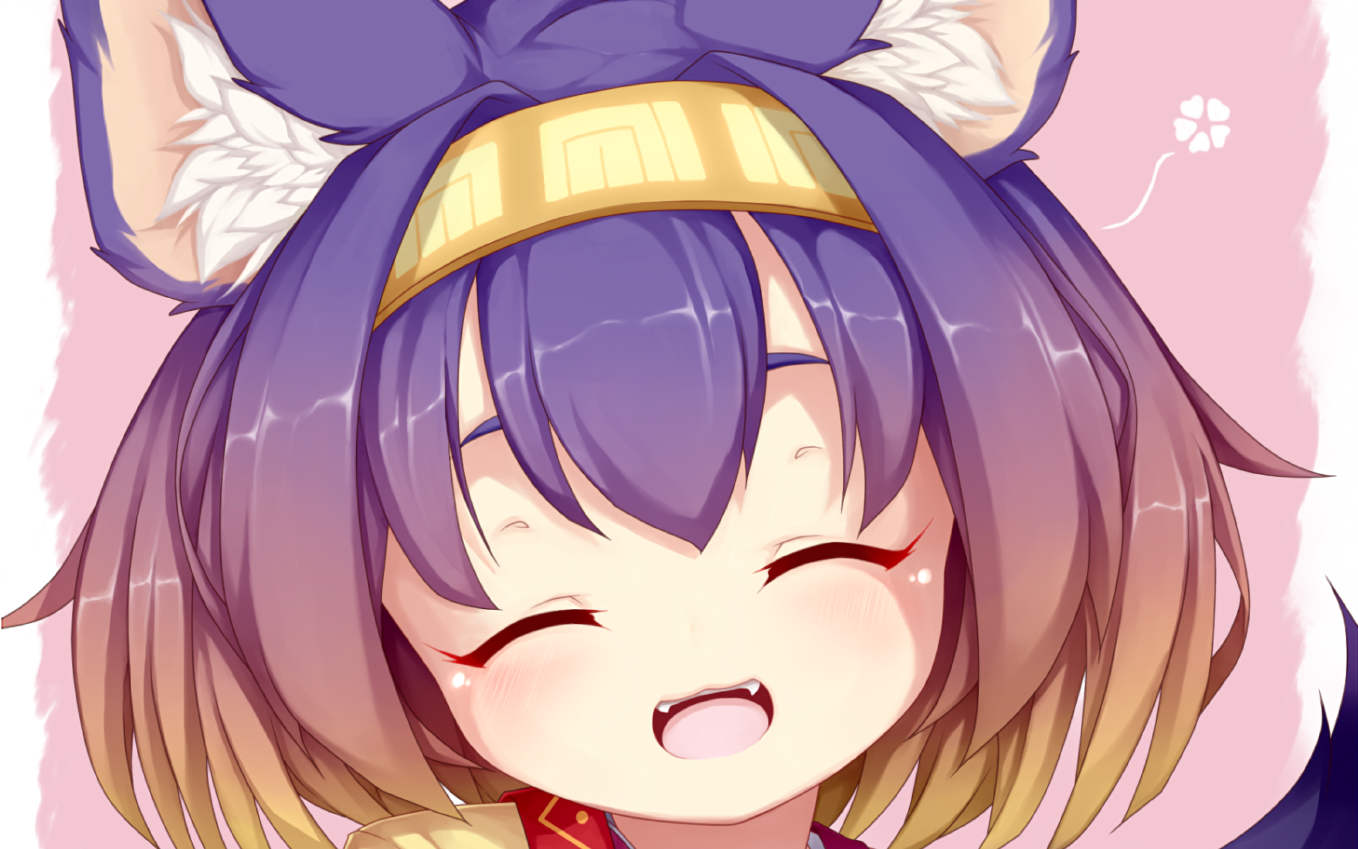 Anime-style HD desktop wallpaper featuring a smiling No Game No Life character with purple hair, animal ears, and a bow against a soft pink background.