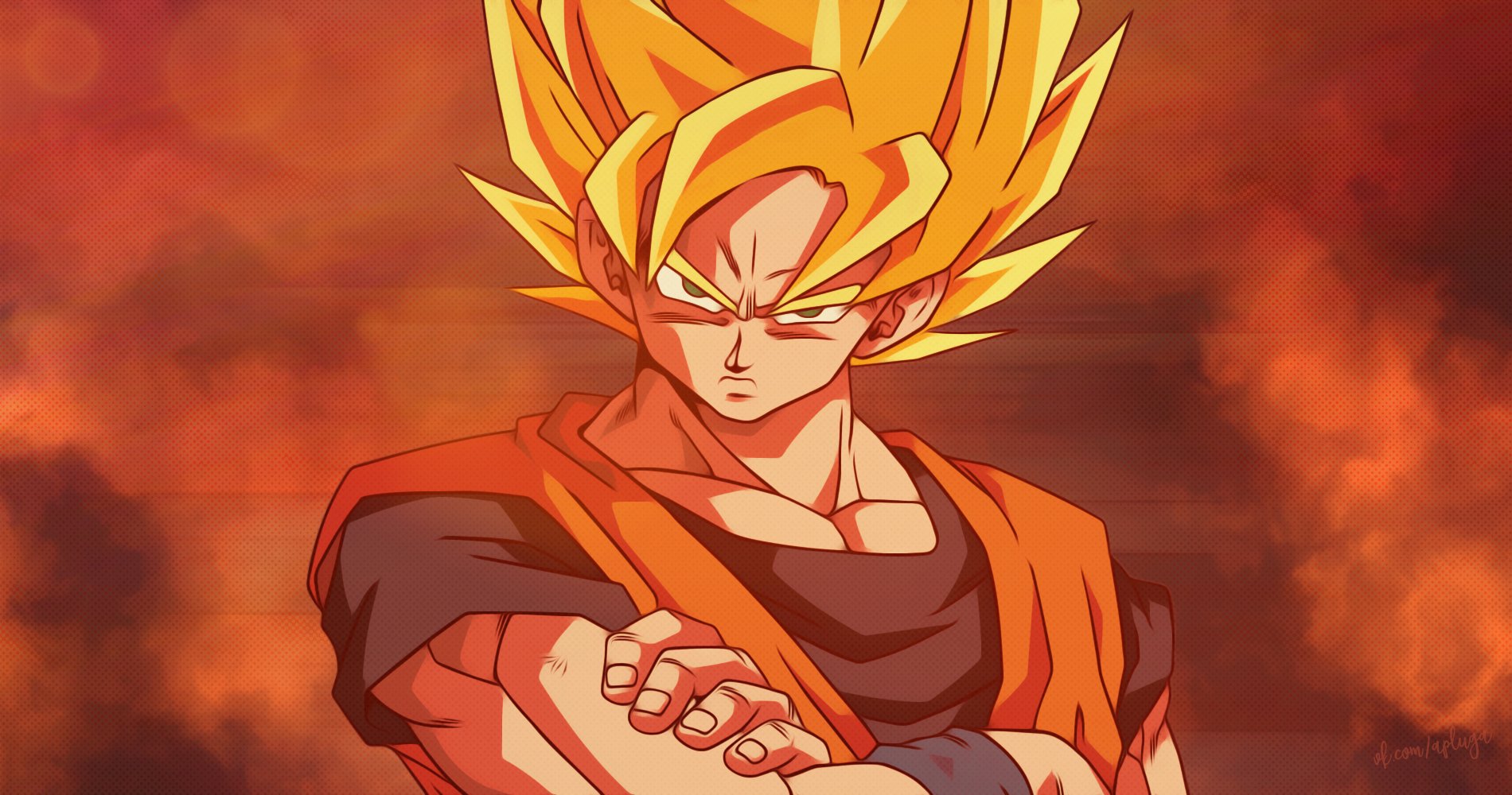HD desktop wallpaper featuring Goku from Dragon Ball Z in his Super Saiyan form, set against a fiery orange background.