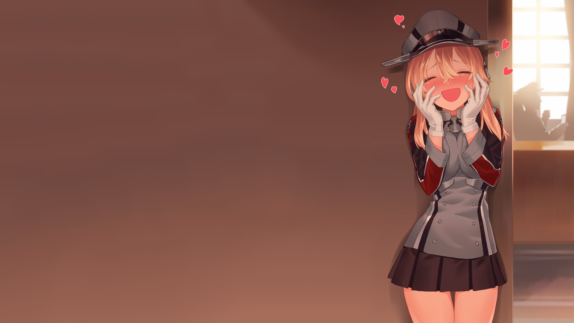 HD PC desktop wallpaper of Prinz Eugen (Kantai Collection): blushing anime girl in naval uniform, hands to her face with floating hearts, standing at right against a warm brown gradient background.