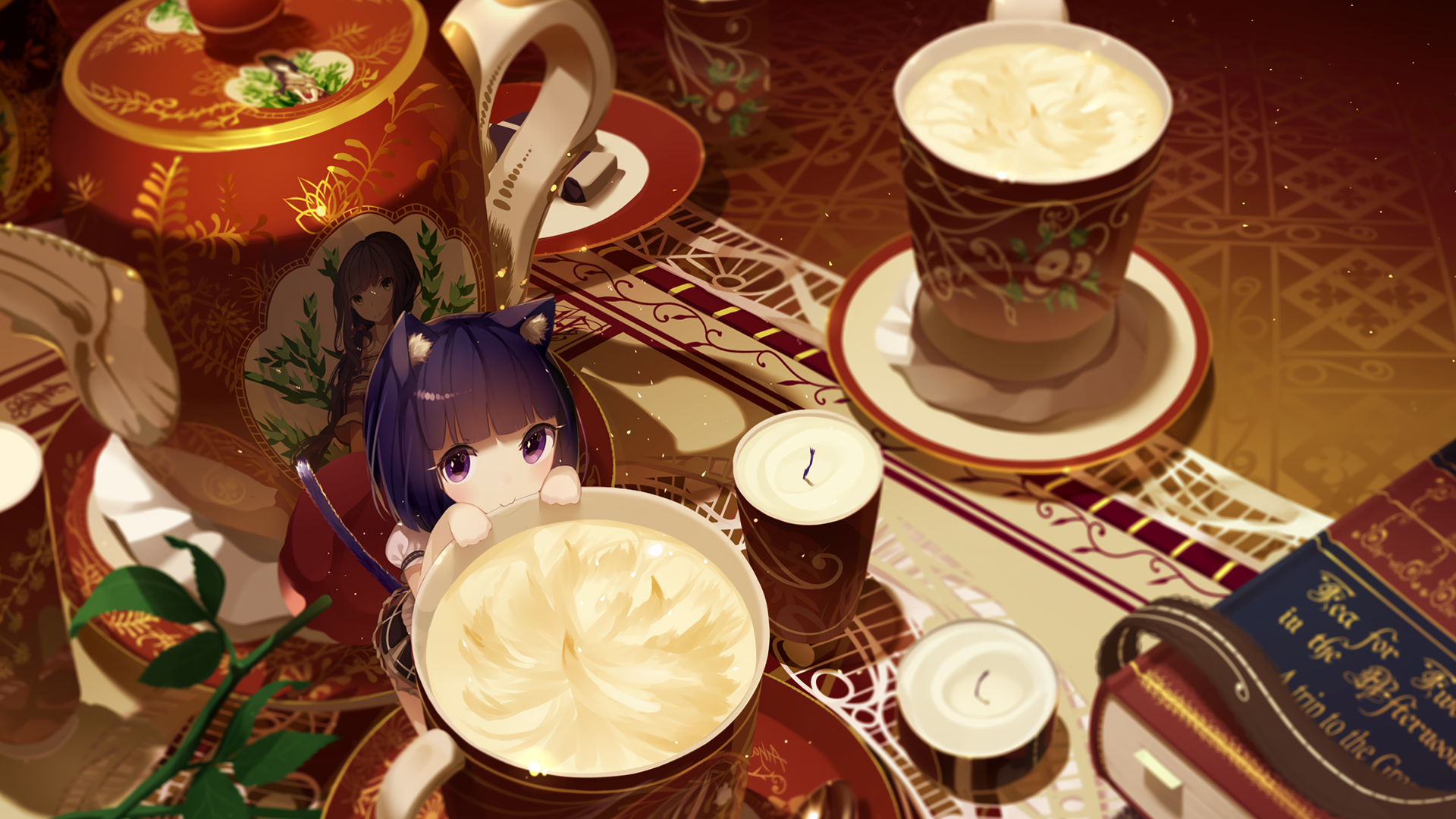 Anime-style original HD PC desktop wallpaper featuring a cozy tea setting with a detailed cup of frothy coffee and a small cat-eared character peeking over the cup.