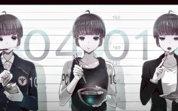 Anime character Akane Tsunemori from Psycho-Pass is depicted in three different scenarios eating ramen in this HD desktop wallpaper. She has short hair and various expressions while enjoying her meal.