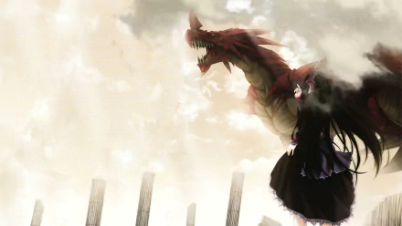 HD desktop wallpaper featuring Ophis and Great Red from High School DxD. Ophis stands against a cloudy sky, with the dragon Great Red in the background, capturing a dramatic scene from the anime.
