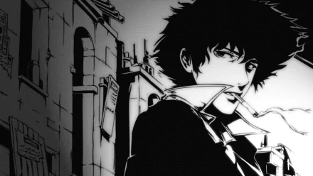Black and white HD anime desktop wallpaper featuring Spike Spiegel from Cowboy Bebop smoking a cigarette against an urban backdrop.