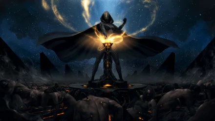 HD wallpaper of Endless Space 2 featuring a majestic, cloaked figure with an orb of light, surrounded by a celestial backdrop and fallen adversaries.