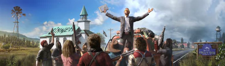 HD wallpaper of Far Cry 5 showing a dramatic scene with a man raising his arms, surrounded by armed people near a church.