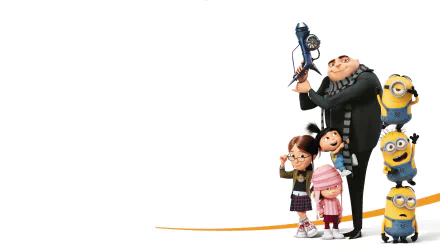 HD desktop wallpaper featuring characters from Despicable Me 3: Margo, Lucy, Agnes, Gru, and Minions, all standing together on a white background.