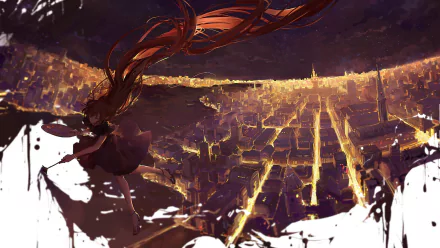 An anime-styled painting of a night cityscape, featuring a character with long orange hair and a dress, bathed in starry light. The image is a high-definition desktop wallpaper.