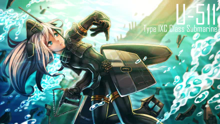 HD PC desktop wallpaper featuring U-511 from Kantai Collection (Kancolle) anime, depicted underwater with dynamic lighting and detailed submarine-themed armor.