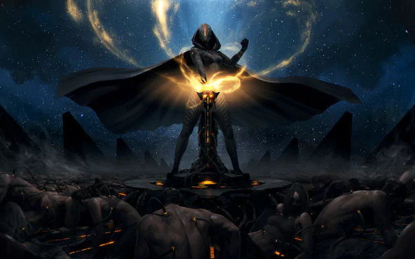 HD wallpaper of Endless Space 2 featuring a majestic, cloaked figure with an orb of light, surrounded by a celestial backdrop and fallen adversaries.