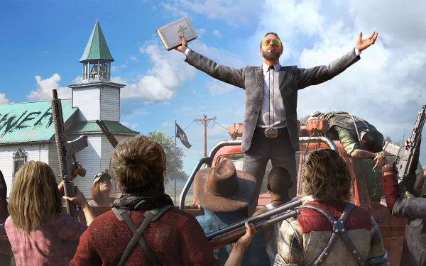 HD wallpaper of Far Cry 5 showing a dramatic scene with a man raising his arms, surrounded by armed people near a church.