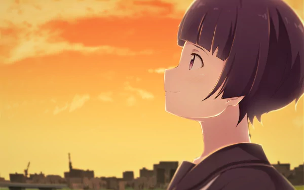 HD PC desktop wallpaper featuring Senju Muramasa from EroManga-Sensei gazing at a warm, orange sunset over a cityscape.