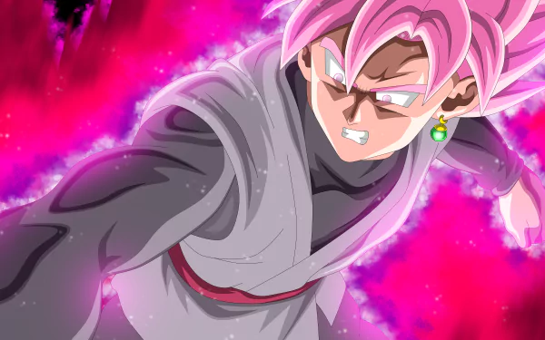 Super Saiyan Rosé Black Goku from Dragon Ball Super depicted in an intense action pose with vibrant pink and purple energy, rendered in 8K Ultra HD.