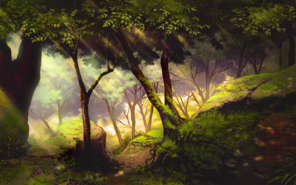 HD desktop wallpaper featuring an original anime forest scene with sunlight filtering through the trees, creating a serene and enchanting atmosphere.