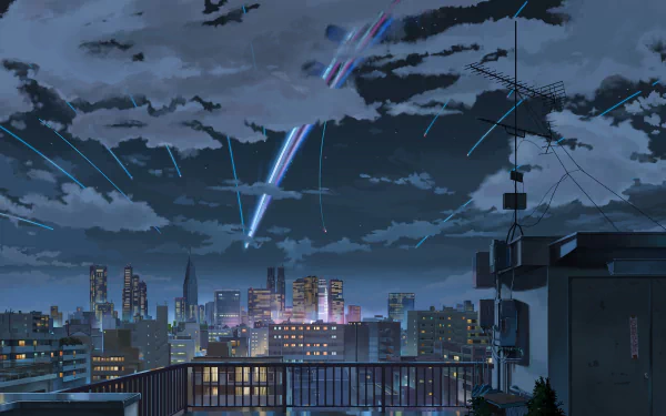 4K Ultra HD anime wallpaper from Your Name featuring a night cityscape under a meteor shower with vibrant streaks crossing the cloudy sky.