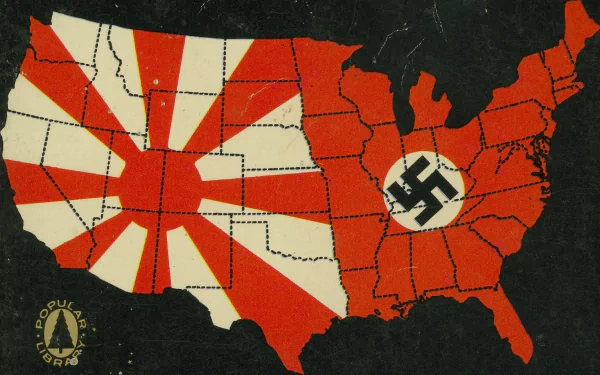 TV show The Man In The High Castle — HD PC desktop wallpaper background showing a U.S. map split between a Japanese rising sun motif and a Nazi swastika-occupied region.