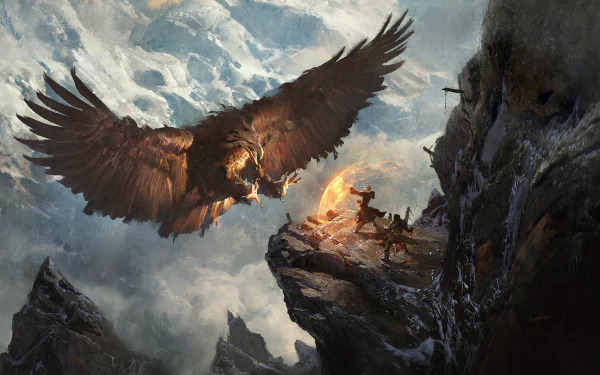 HD wallpaper featuring a fierce sorceress warrior and a massive eagle in an intense fantasy battle on a rocky, snow-covered cliffside backdrop.
