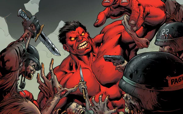 Comic HD PC desktop wallpaper and background: Red Hulk battles a horde of zombie soldiers, ripping through knives, guns and grasping hands amid chaotic combat.