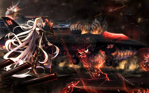 HD PC desktop wallpaper featuring Aircraft Carrier Demon from Kantai Collection, showcasing intense anime-style battle with fiery and mechanical elements.