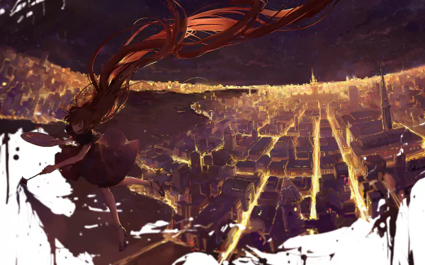 An anime-styled painting of a night cityscape, featuring a character with long orange hair and a dress, bathed in starry light. The image is a high-definition desktop wallpaper.