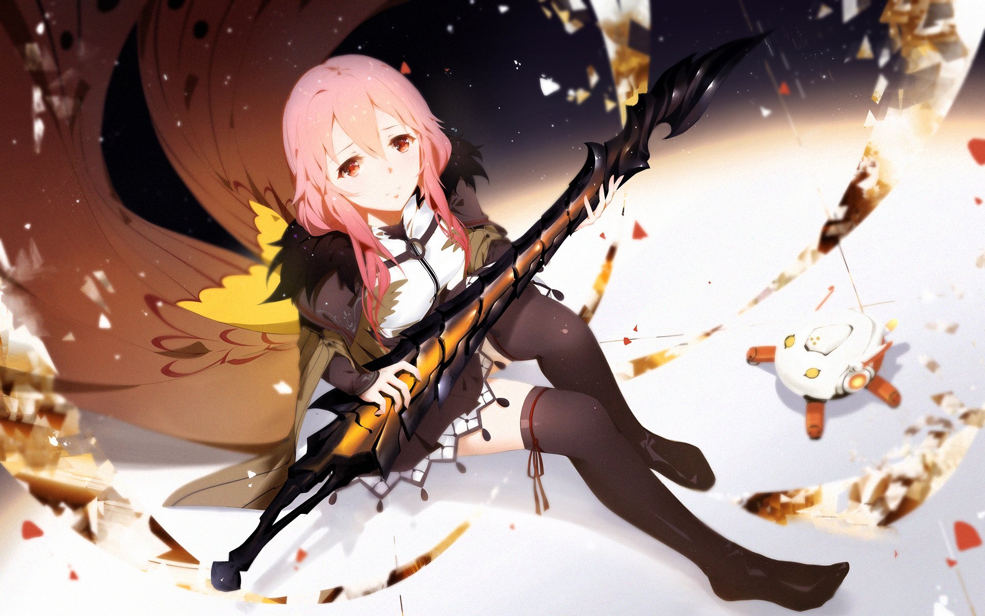 An HD desktop wallpaper featuring Inori Yuzuriha from the anime Guilty Crown, sitting gracefully with a weapon against a dynamic, vibrant background.