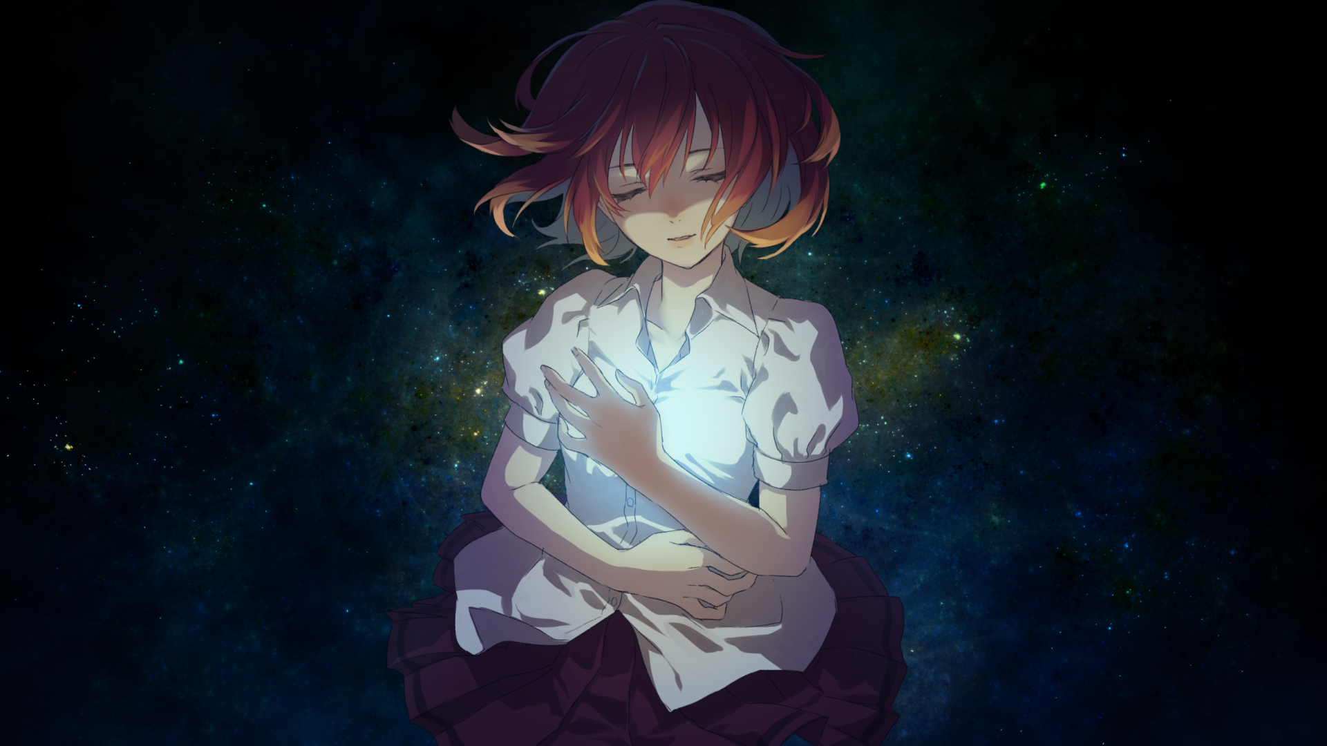 Anime-style illustration of Ama Shiine from Utau, holding a glowing orb while surrounded by a dark, starry background in an HD PC desktop wallpaper format.