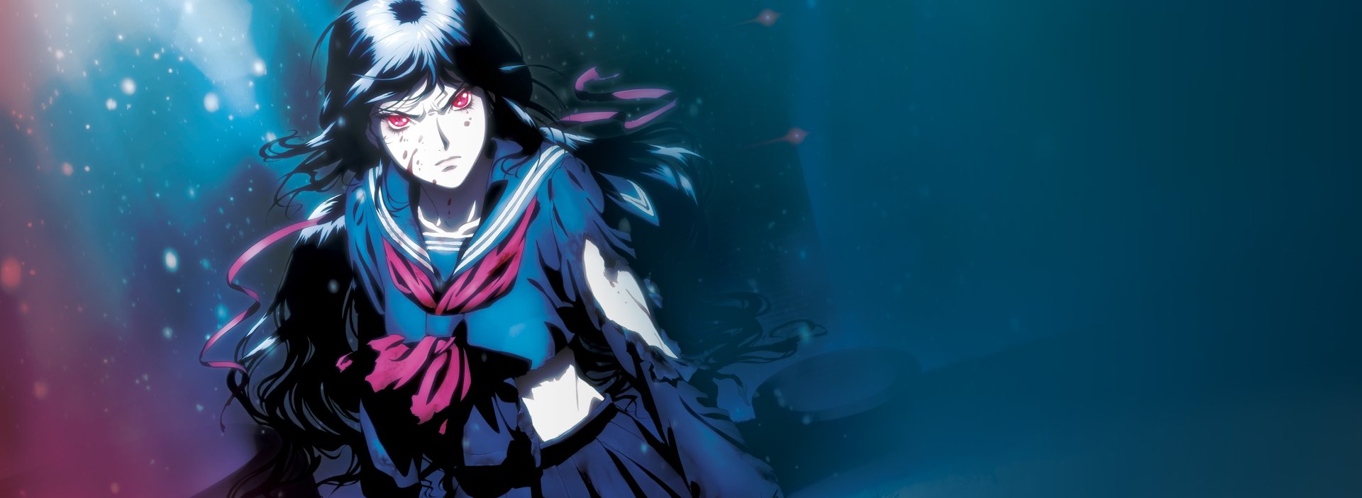 HD anime wallpaper featuring Saya Kisaragi from Blood-C with intense red eyes, dark hair, and a torn school uniform against a deep blue background.