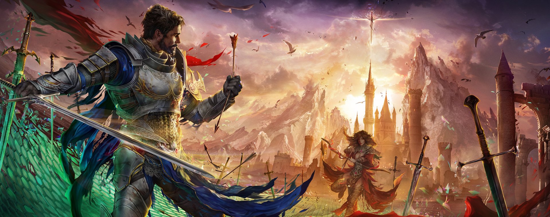 A fantasy warrior clad in armor holds a sword and arrow, facing a distant armored woman archer with a glowing castle backdrop, captured in HD detail for a PC desktop wallpaper.