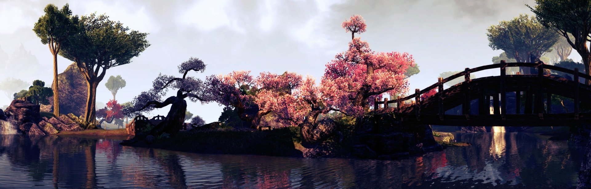 HD PC desktop wallpaper/background from the video game The Elder Scrolls Online: a serene lakeside with blooming cherry trees, wooden bridge and vivid water reflections.