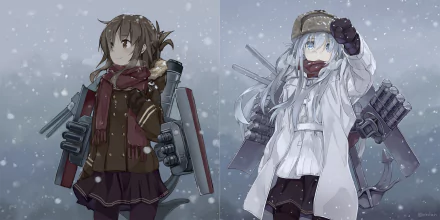HD PC desktop wallpaper of Inazuma and Hibiki (Kantai Collection) in anime style, wearing winter coats and scarves with ship rigging, standing in falling snow.