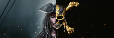 This HD desktop wallpaper features Johnny Depp as Jack Sparrow from Pirates of the Caribbean: Dead Men Tell No Tales, juxtaposed with a gold skull and crossbones.
