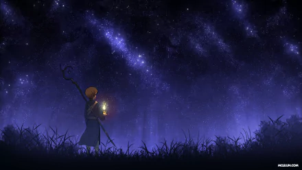 Anime-style HD desktop wallpaper depicting a solitary figure holding a lantern under a vast, starry night sky with glowing galaxies and silhouettes of grass.
