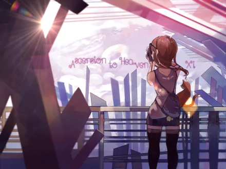 HD PC desktop wallpaper from the VOEZ video game: an anime-style girl on a balcony gazes at a glowing futuristic city skyline at sunset, script reading Ascension to Heaven.