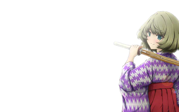 HD PC desktop wallpaper featuring Kaede Takagaki from The iDOLM@STER Cinderella Girls in a purple kimono holding a katana, set against a minimalist white background.