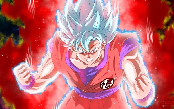 Anime-style Dragon Ball Super character in glowing blue and red aura, depicted in intense battle stance, rendered in 8K Ultra HD for PC desktop wallpaper.