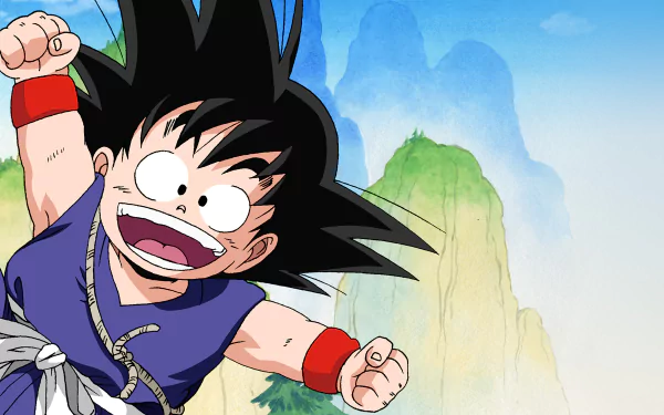 HD anime desktop wallpaper featuring Goku from Dragon Ball with a vibrant mountain landscape background.