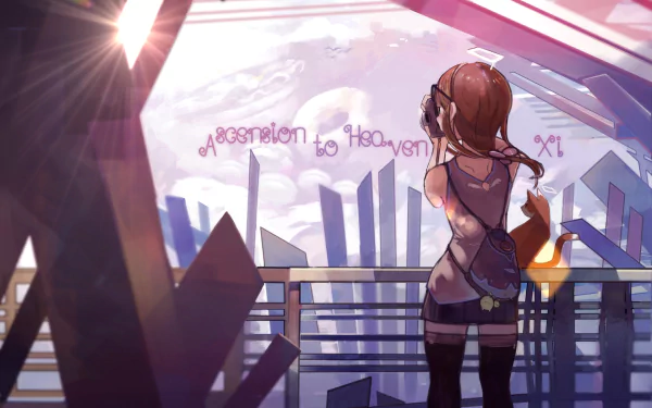 HD PC desktop wallpaper from the VOEZ video game: an anime-style girl on a balcony gazes at a glowing futuristic city skyline at sunset, script reading Ascension to Heaven.